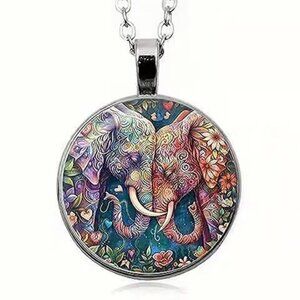 Silver ELEPHANT Glass Cabochon Pendant Necklace